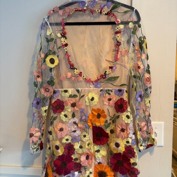 Floral Embroidered Sheer Overlay Mini Dress - Picture 3 of 3